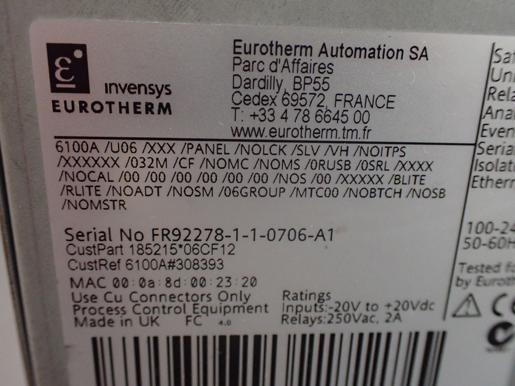 EUROTHERM 6100A/U06/XXX/PANEL/NOLCK/SLV/VH/NOITPS/XXXXXX/032M.....